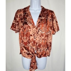 Eclair Women's Pink Floral Tie Front Button Up Short Sleeve Top Size Medium NWT